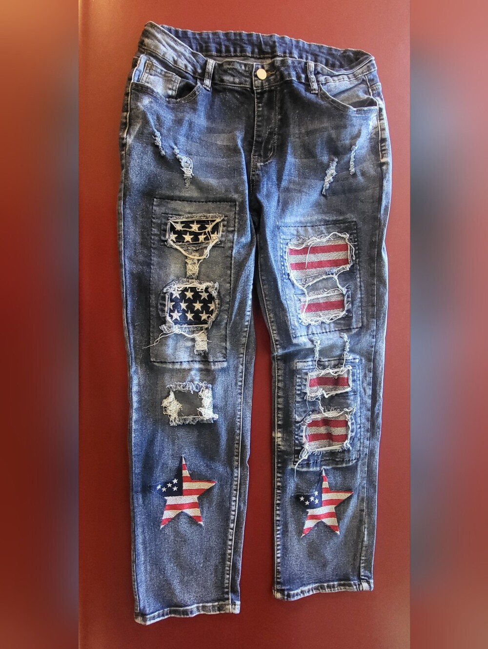 Women’s Patriotic American Flag Patchwork Jeans Wear XXL Distressed Denim